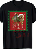 Men's T-Shirt Festive Holiday Cat With Santa Hat And Wreath Surrounded By Red Christmas Postage Stamp