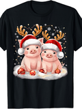 Men's T-Shirt Joyful Christmas Snow With Hats Baubles Sweet Piglets