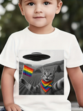 Men's T-Shirt Vibrant Rainbow Fields With Cat Holding Colorful Flag Under UFO