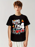 Men's T-Shirt Sound The Alarm Im Four With Cartoon Firetruck And Flames Under Bright Lights