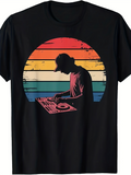 Men's T-Shirt Vintage Sunset With Silhouette Mixing Music On DJ Turntable