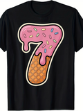 Men's T-Shirt Waffle Cone Pattern With Pink Frosting Dripping Rainbow Sprinkles Number Seven