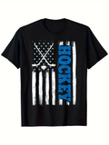 Men's T-Shirt Bold Blue Lettering On American Flag With Hockey Sticks Hockey