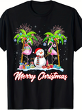 Men's T-Shirt Merry Christmas Festive Snowman With Flamingos Under Tropical Palm Trees
