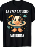 Men's T-Shirt Cartoon Planet Ring With Cute Smiling Cow Amid Whimsical Space Objects