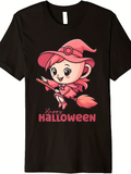 Men's T-Shirt Happy Halloween Pink Cartoon Witch Flying On Broomstick