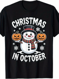 Men's T-Shirt Christmas In October Snowman Surrounded By Pumpkins And Falling Snowflakes