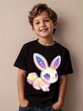 Men's T-Shirt Pastel Galaxy Patterned Bunny With Starry Eyes On Black Shirt Rabbit