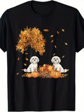 Men's T-Shirt Gentle Autumn Breeze With Falling Leaves Beside Fluffy White Dogs Pumpkin