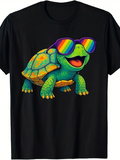 Men's T-Shirt Happy Cartoon Turtle Wearing Rainbow Color Sunglasses On Black Shirt Turtle