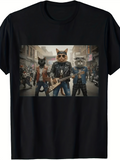 Men's T-Shirt City Street With Three Cool Cats Playing Guitars Under Neon Lights Cat