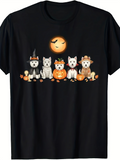 Men's T-Shirt Cute White Cats In Halloween Costumes Beneath Glowing Pumpkin Moon