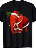 Men's T-Shirt Red Christmas Costume With Cute Green Leaves Elephant