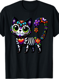 Men's T-Shirt Colorful Floral Day Of The Dead Inspired Skeleton Cat