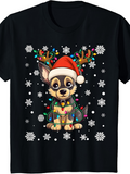 Men's T-Shirt Festive Wrapped Dog With Reindeer Antlers Colored Lights And Snowflakes Puppy