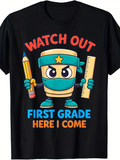 Men's T-Shirt Watch Out First Grade Here I Come Cute Stationery Ninja With Pencil And Ruler Character
