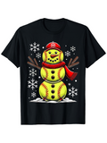 Men's T-Shirt Smiling Snow Scenery With Baseballs And Red Scarf Snowman