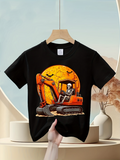 Men's T-Shirt Glowing Orange Moon With Bats And Skeleton In Construction Excavator