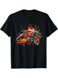 Men's T-Shirt Festive Red Lobster With Santa Hat Reindeer Antlers And Christmas Lights