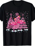Men's T-Shirt Festive Pink Christmas Flamingos With Snowy Glittering Trees Under Stars
