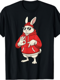 Men's T-Shirt Cool Bunny Wearing Red Hoodie Sunglasses Gesturing Playfully Standing Upright