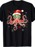 Men's T-Shirt Christmas Santa Hat With Stars Festive Holiday Octopus