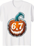 Men's T-Shirt Pumpkin Illustration With Sharp Teeth Under Green Twisting Vine Pumpkin