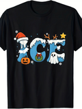 Men's T-Shirt Festive Halloween Christmas Mixed Ice Lettering With Ghost Pumpkin And Snow
