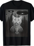 Men's T-Shirt Surreal Alien Forest With Spaceships And Mutant Cat Creature