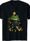 Men's T-Shirt Playful Green Frog Wrapped With Festive Christmas Lights Smiling Cheerful Animal