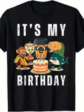 Men's T-Shirt Its My Birthday With Cartoon Animals Smiling Around A Cake