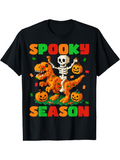 Men's T-Shirt Spooky Season Dancing Skeleton With Pumpkins Among Orange Dinosaur