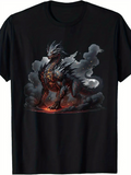 Men's T-Shirt Fiery Smoke Among Dark Clouds With Majestic Mythical Black Dragon