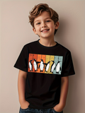 Men's T-Shirt Retro Rainbow Stripes With Dancing Cartoon Style Penguins