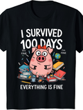Men's T-Shirt I Survived One Hundred Days Surrounded By Books Pencils Confetti Pig
