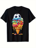 Men's T-Shirt Colorful Melting Ice Cream Cone With Dripping Sweet Layers Under Soccer Ball