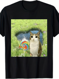Men's T-Shirt Colorful Candy Lollipop In Grassy Meadow Beside Cute Cat