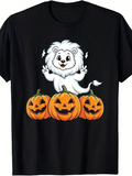 Men's T-Shirt Playful White Lion With Happy Halloween Pumpkins Illustration