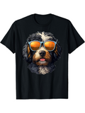 Men's T-Shirt Playful Dog With Reflective Sunglasses And Fluffy Fur Under Bright Lights