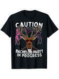 Men's T-Shirt Caution Bachelor Party In Progress With Sunglasses Wearing Deer Antlers