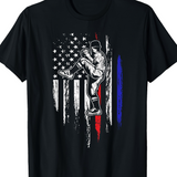 Men's T-Shirt American Flag With Sketched Baseball Player And Subtle Blue Red Stripes