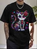 Men's T-Shirt Vivid Sugar Skull Floral Patterns Surrounding A Playful Skeleton Cat