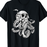 Men's T-Shirt Abstract Tentacles Flowing From Smoking Skull Octopus