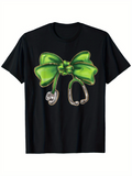 Men's T-Shirt Shiny Green Satin Bow With Metallic Silver Accents And Loop Shaped Ribbon Bow