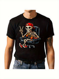 Men's T-Shirt Cool Chair Sitting Skeleton With Red Hat Peace Hand Gesture