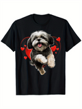 Men's T-Shirt Playful Shaggy Puppy Surrounded By Floating Red Hearts Dog
