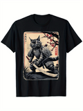Men's T-Shirt Cherry Blossom Branch With Sword Wielding Samurai Cat Artwork