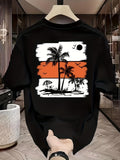 Men's T-Shirt Orange Sky With Palm Trees Silhouetted By Setting Sun Beach