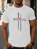 Men's T-Shirt Hand Drawn Cross With Red Heart Center Motif Design