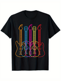 Men's T-Shirt Colorful Neon Line Art Overlapping Guitars On Black T Shirt Guitar